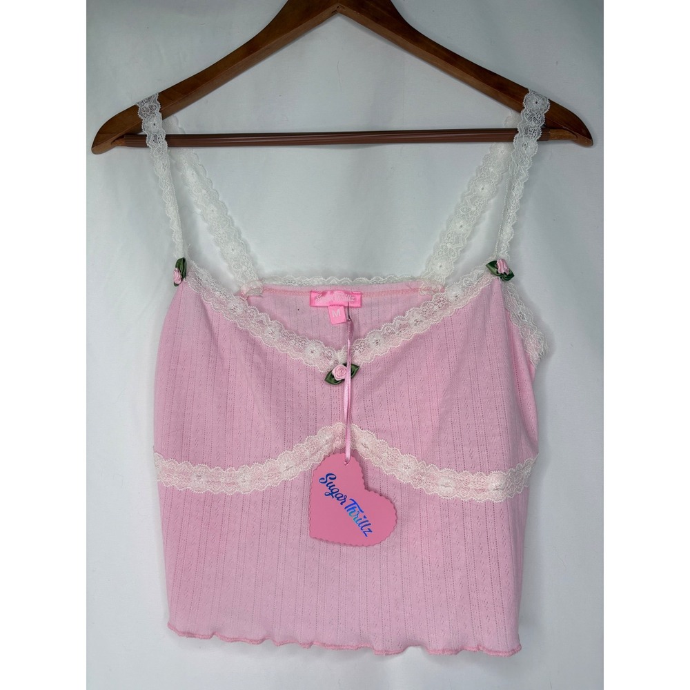 Y2K Sugar Thrillz M Pink Pointelle Lace Trim‎ Rosebud Camisole Crop Top Dollette